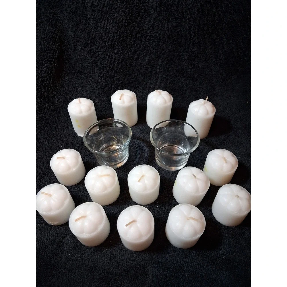14 White Pumpkin Votive Candles and 2 Glass Holders Fall Thanksgiving Decor Set